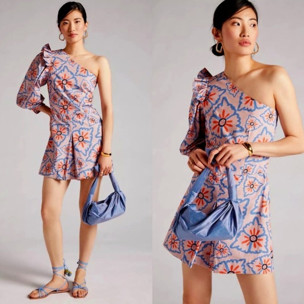 Anthro Atelier one sleeve Nadia floral romper lavender purple M